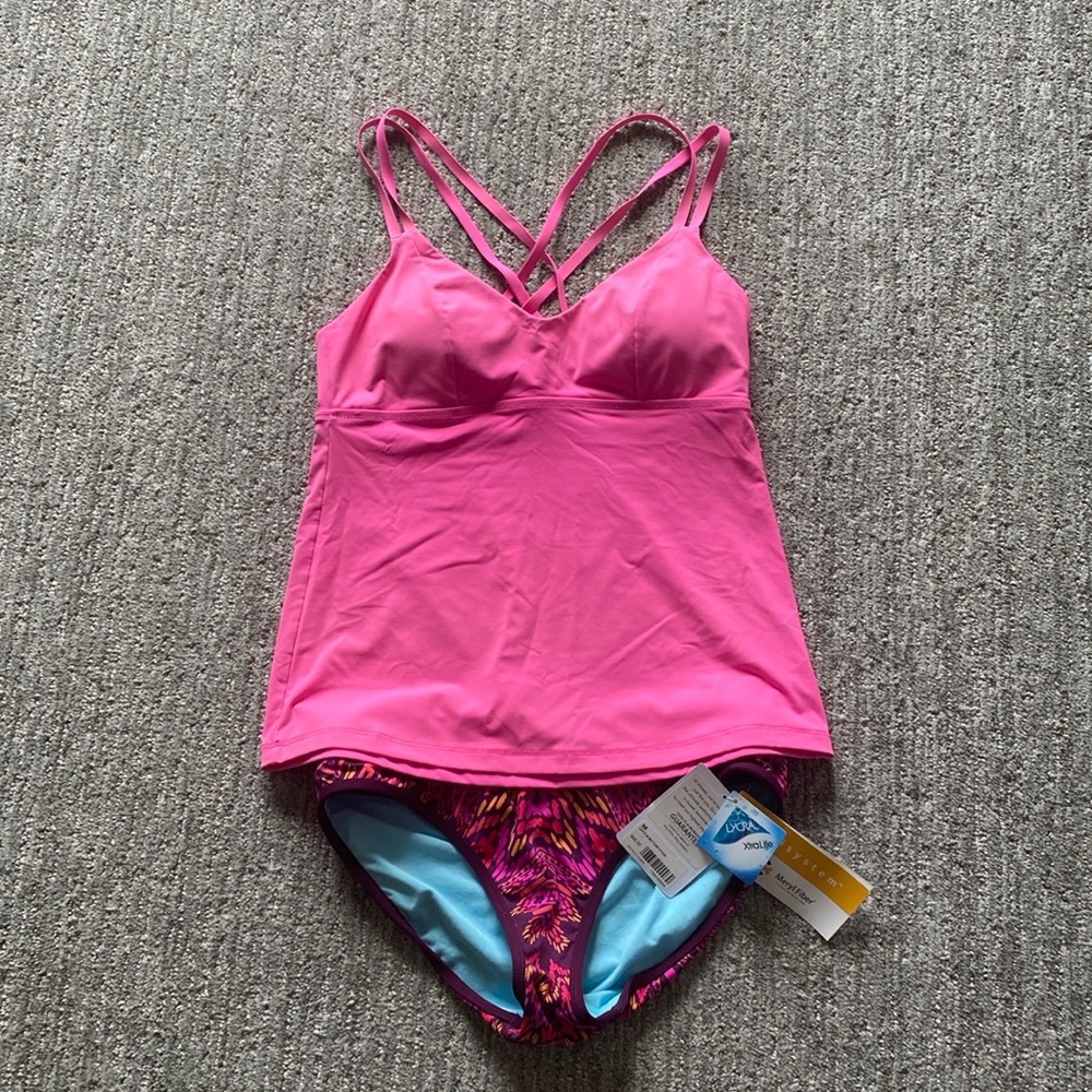 Athleta Pink Top and Purple and Pink Patterned Bikini Bottom